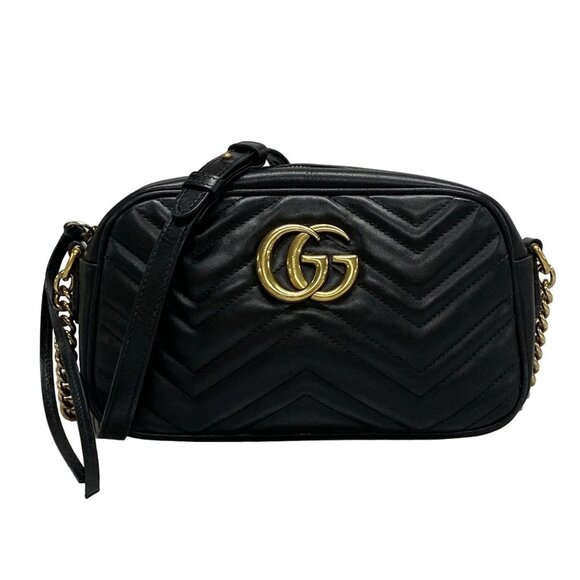 Auth GUCCI GG Marmont 447632 Black Leather - Shoulder Bag - Picture 1 of 16